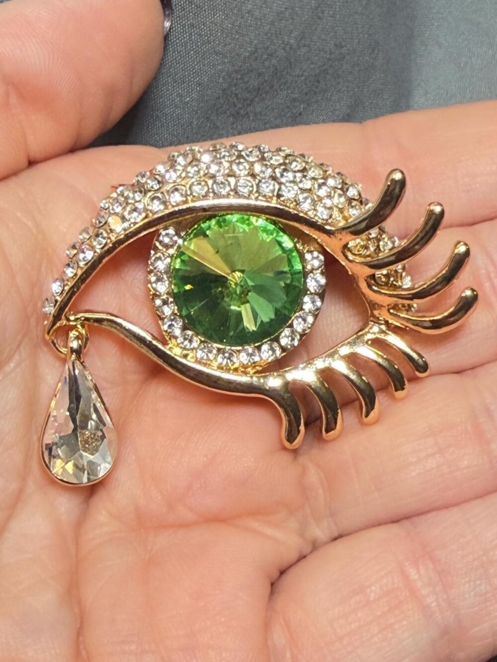 Evil Eye Brooch Green Rhinestone Tear Drop Dangle Gold Tone Pin 2 inches